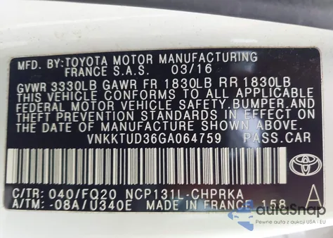 2016 Toyota Yaris L from USA, damaged, VIN VNKKTUD36GA064759